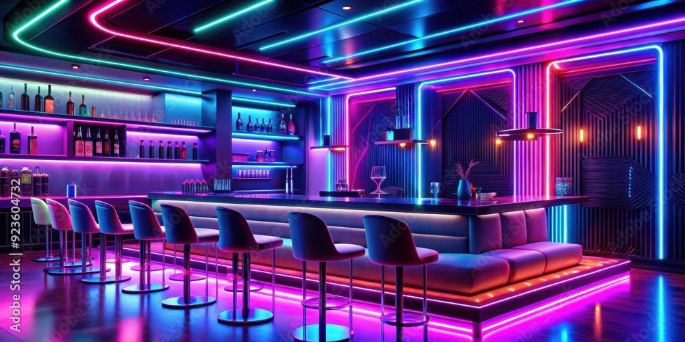 Fototapeta premium Futuristic neon bar lounge with vibrant lighting and unique decor, neon, bar, lounge, futuristic, vibrant, lighting, unique