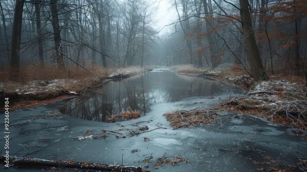 Misty winter morning at a serene forest pond with thawing ice and bare trees Misty winter morning at a serene forest pond with thawing ice and bare trees