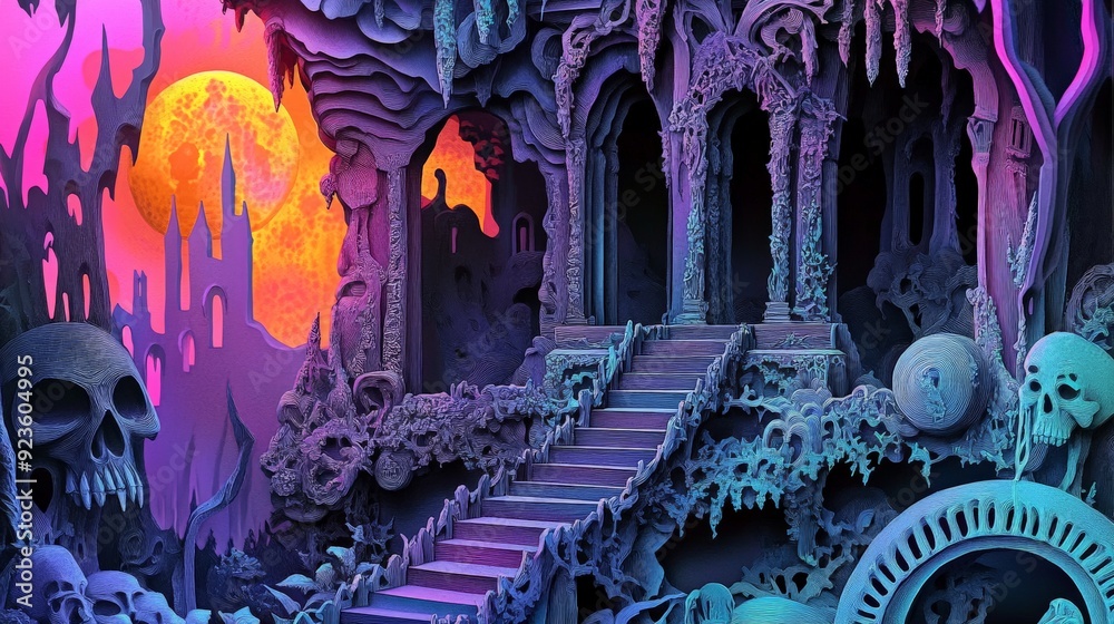 Obraz premium Surreal fantasy landscape with eerie architecture, vibrant colors, and ominous moonlit backdrop creating a mysterious, gothic ambiance.
