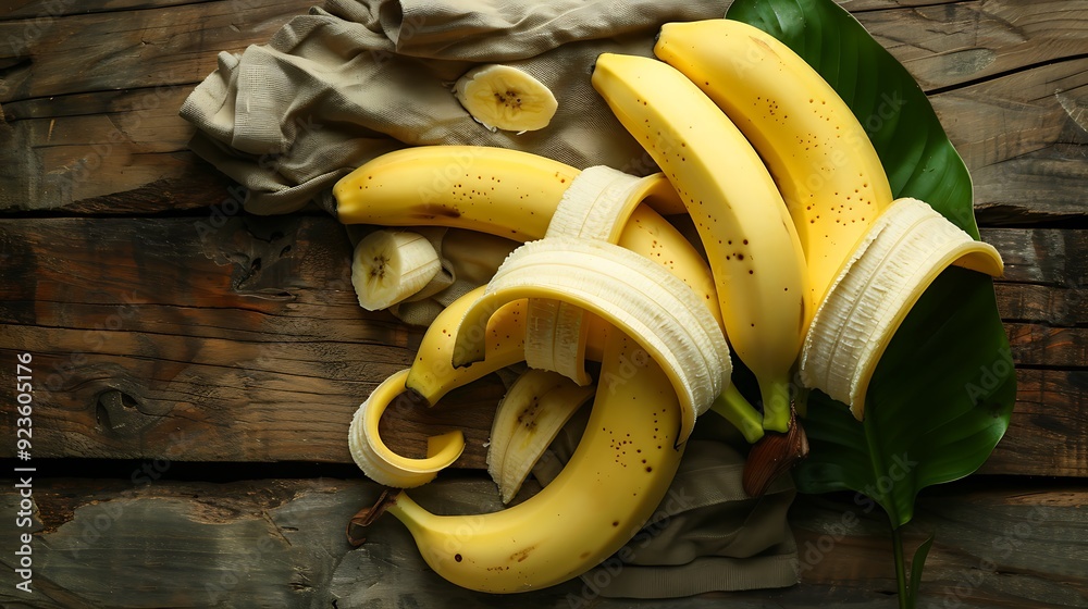 Ripe yellow bananas arranged on a rustic wooden surface, with a few peeled to reveal their creamy flesh, surrounded by green leaves, ideal for healthy eating and tropical fruit themes