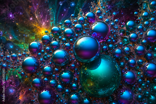 Bubbles of different sizes swirl from the center of the image, following intricate fractal patterns that repeat and blend into each other. The bubbles are made up of a dazzling array of glass balls