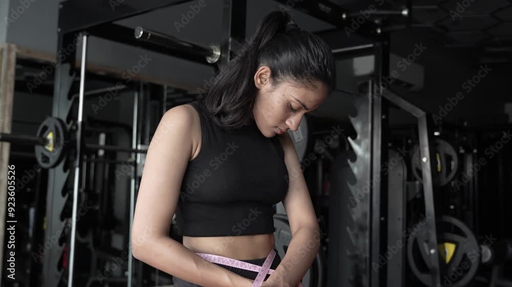 Slim body young indian woman measuring her waist after exercise at gym, Girl Weight loss , burn calories, fitness and wellbeing, Dieting, Slim body young indian woman measuring her waist after exercise at gym, Girl Weight loss , burn calories, fitness and wellbeing, Dieting,