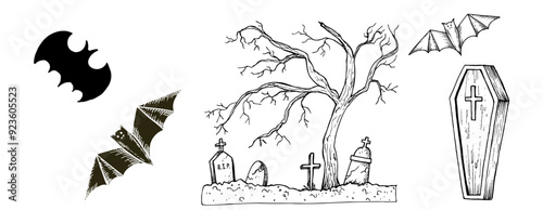 Vector old abandoned cemetery, black bat, wooden coffin with a cross. Hand painted linear autumn tree illustration. Graphic monochrome tombstone art for tattoo, symbol of death, halloween, horror
