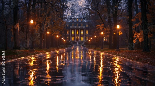 Illuminated historic building along a rain-soaked pathway in the evening