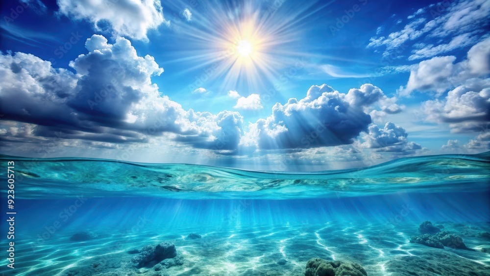 Obraz premium Split underwater view with sunny sky and serene sea , underwater, ocean, sunny, sky, serene, sea, split view