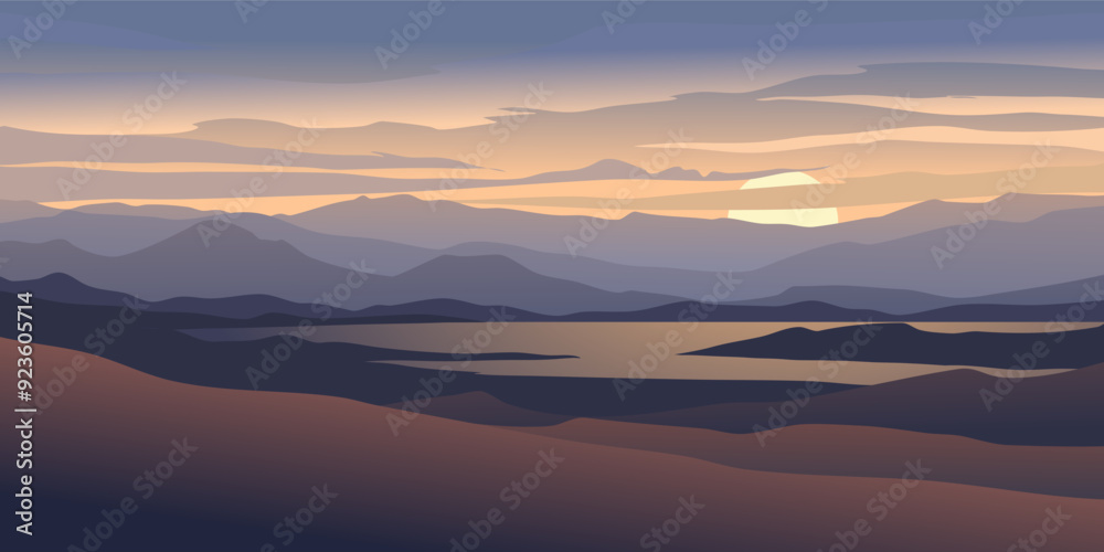 Obraz premium Nature landscape illustration with lake view at sunset