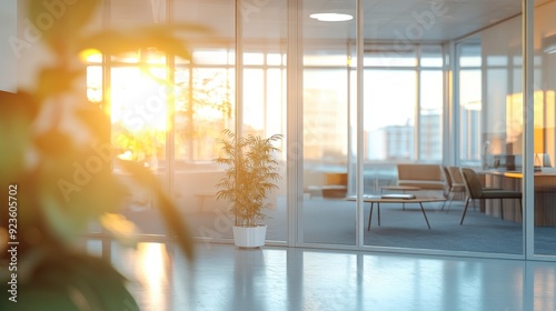 A modern office space with large windows and a plant, illuminated by sunset.