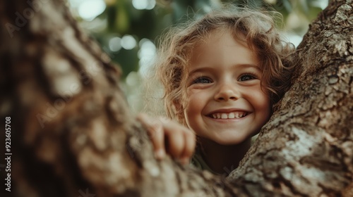 A joyful child with curly hair smiling broadly, framed by tree branches and leaves, reflecting a moment of pure happiness and innocence in nature.