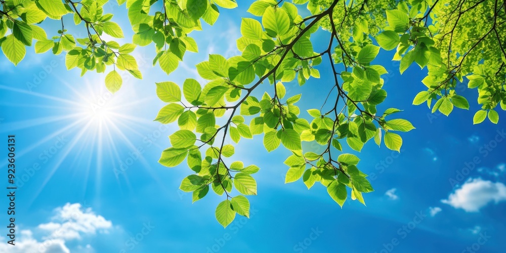 Tree branch with lush green leaves against a bright blue sunny sky, tree, branch, leaves, green, blue, sky, sunny, nature Tree branch with lush green leaves against a bright blue sunny sky, tree, branch, leaves, green, blue, sky, sunny, nature