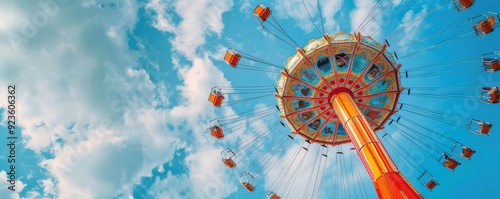 Brightly colored spinning amusement ride under a vibrant blue sky.