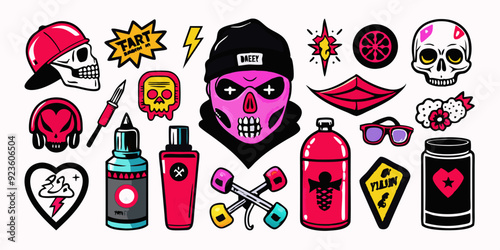 Street spray graffiti element set, sticker kit balaclava, vector grunge etro urban ghetto print. Gangster tattoo kit, underground can hip-hop sign, heart, skull silhouette, arrow. Street graffiti