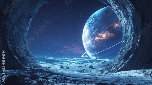 View of Earth from a cavern on a distant moon during a starry night