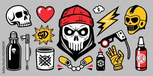 Street spray graffiti element set, sticker kit balaclava, vector grunge etro urban ghetto print. Gangster tattoo kit, underground can hip-hop sign, heart, skull silhouette, arrow. Street graffiti
