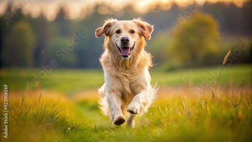 Playful golden retriever dog running in a field, puppy, loyal, friendly, outdoors, pet, canine, animal, adorable, joyful, energetic