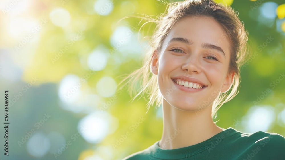 Young woman smiling happily outdoors on a sunny day with greenery in the background. Young woman smiling happily outdoors on a sunny day with greenery in the background.