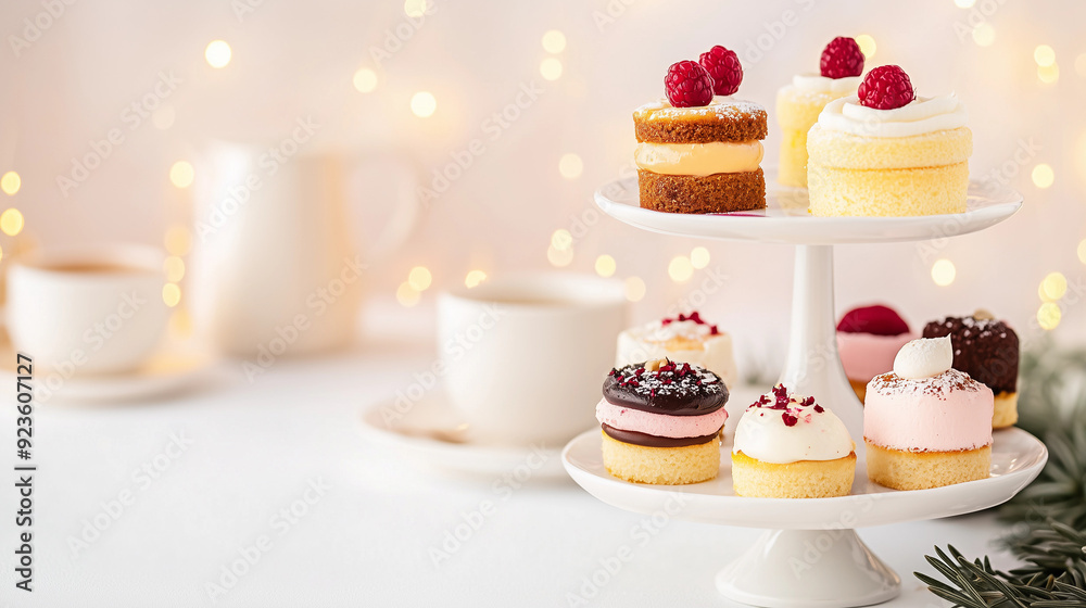 Elegant pastel mini cakes with whipped cream frosting and raspberry decoration on tiered stand marble backdrop feminine gourmet dessert display high tea brunch patisserie styling Elegant pastel mini cakes with whipped cream frosting and raspberry decoration on tiered stand marble backdrop feminine gourmet dessert display high tea brunch patisserie styling