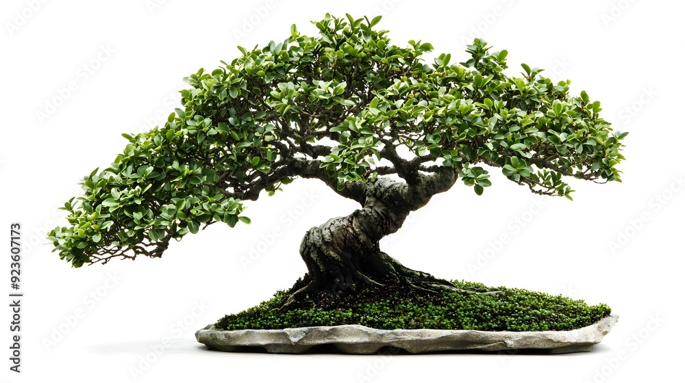 Fototapeta premium Meticulously Shaped Bonsai Tree with Intricate Design and Miniature Beauty on White Background