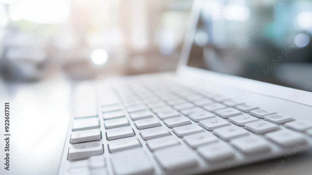 A white computer keyboard prominently placed with a blurred office background, emphasizing productivity and modern workspace. A white computer keyboard prominently placed with a blurred office background, emphasizing productivity and modern workspace.