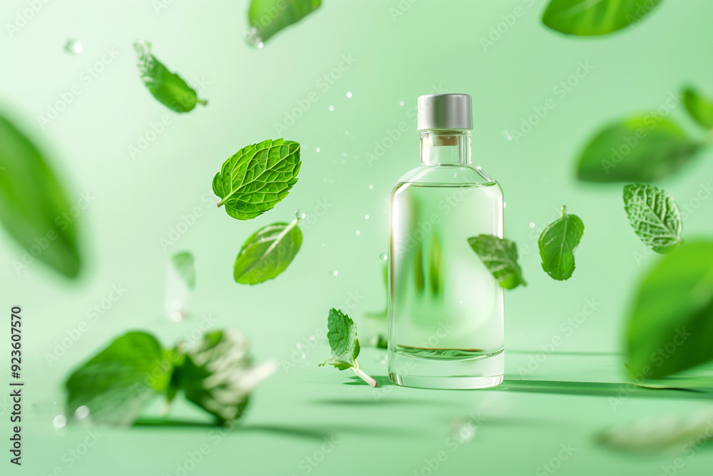 Bottle with transparent essence surrounded by falling mint and eucalyptus leaves, copyspace Bottle with transparent essence surrounded by falling mint and eucalyptus leaves, copyspace
