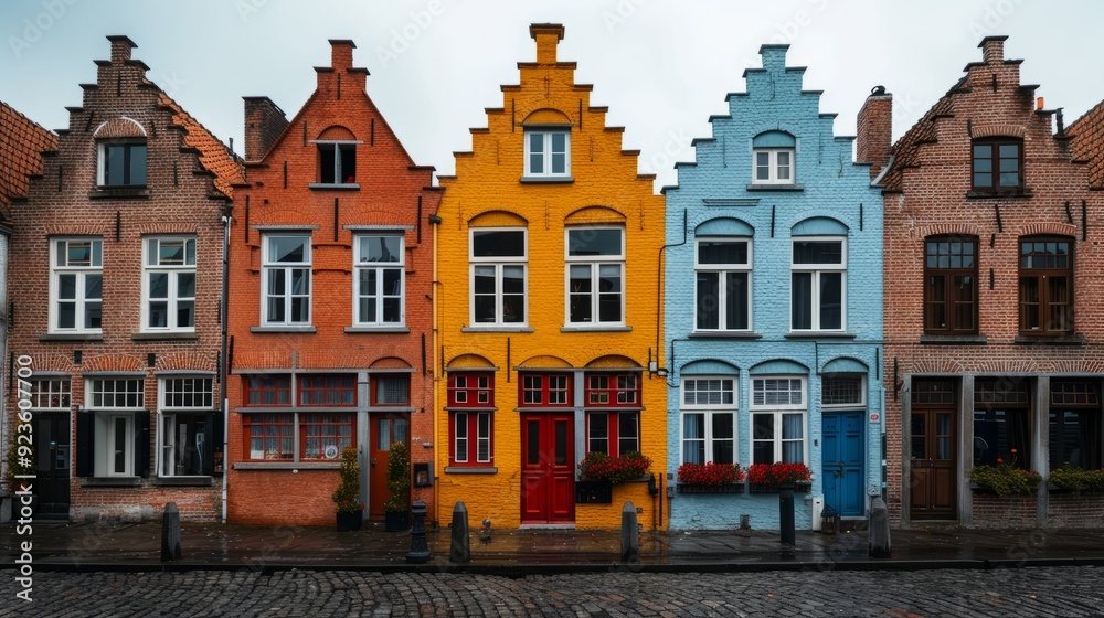 Fototapeta premium Colorful historic houses lining a cobblestone street in Bruges on a rainy day