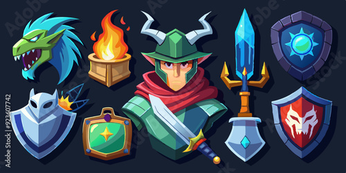 Game fantasy icon set, vector magic dungeon dragon RPG sign, medieval warrior avatar, fairytale sign. Knight battle sword, armour helmet, power weapon, witch hat, potion cauldron. Fantasy icon kit