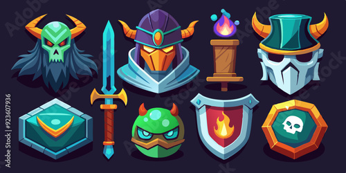 Game fantasy icon set, vector magic dungeon dragon RPG sign, medieval warrior avatar, fairytale sign. Knight battle sword, armour helmet, power weapon, witch hat, potion cauldron. Fantasy icon kit