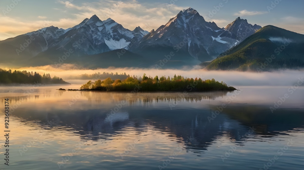 Misty Mountain Range at Dawn: Fog-Covered Peaks and Serene Reflections Misty Mountain Range at Dawn: Fog-Covered Peaks and Serene Reflections