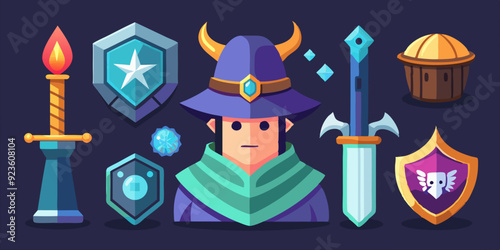 Game fantasy icon set, vector magic dungeon dragon RPG sign, medieval warrior avatar, fairytale sign. Knight battle sword, armour helmet, power weapon, witch hat, potion cauldron. Fantasy icon kit