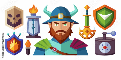 Game fantasy icon set, vector magic dungeon dragon RPG sign, medieval warrior avatar, fairytale sign. Knight battle sword, armour helmet, power weapon, witch hat, potion cauldron. Fantasy icon kit