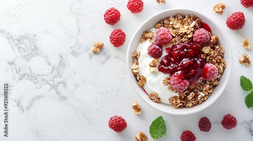 Delicious Dessert with Granola, Yogurt, Nuts, Jam, and Berries