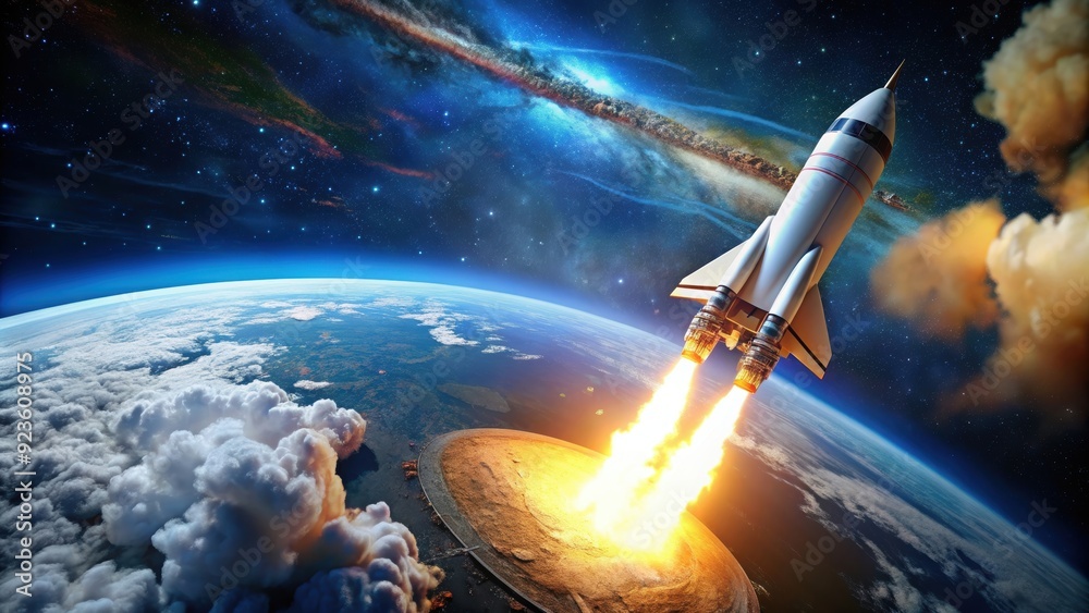Obraz premium Rocket flying into space with earth in background, space, rocket, exploration, launch, earth, planet, universe, technology