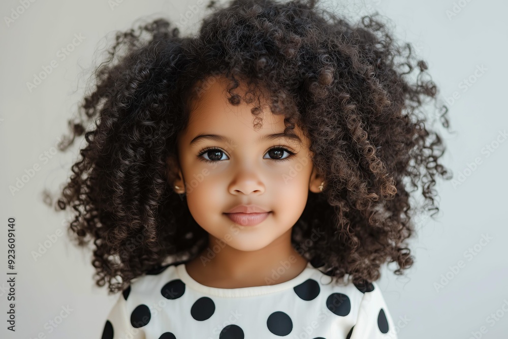 young African American girl, around 6 years old, standing confidently in a cream colored dress with black polka dots young African American girl, around 6 years old, standing confidently in a cream colored dress with black polka dots
