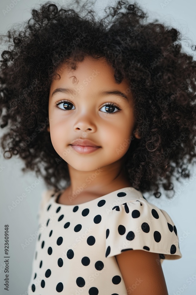 young African American girl, around 6 years old, standing confidently in a cream colored dress with black polka dots young African American girl, around 6 years old, standing confidently in a cream colored dress with black polka dots