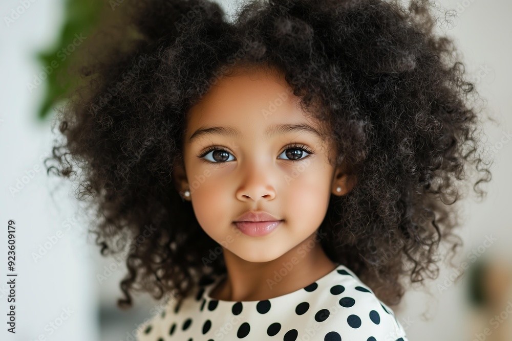 young African American girl, around 6 years old, standing confidently in a cream colored dress with black polka dots young African American girl, around 6 years old, standing confidently in a cream colored dress with black polka dots