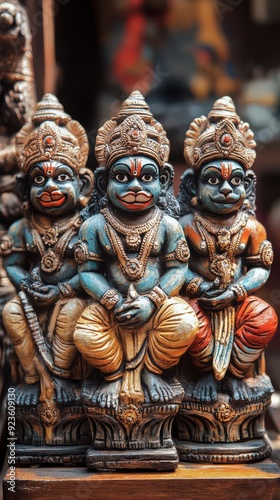 Colorful handcrafted statues of three Hindu deities, showcasing rich cultural heritage and intricate artistic detail.