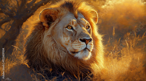 A highly detailed portrait of a male African lion, bathed in warm golden light that highlights the rich texture of its mane and fur. The lion's intense gaze and the light photo