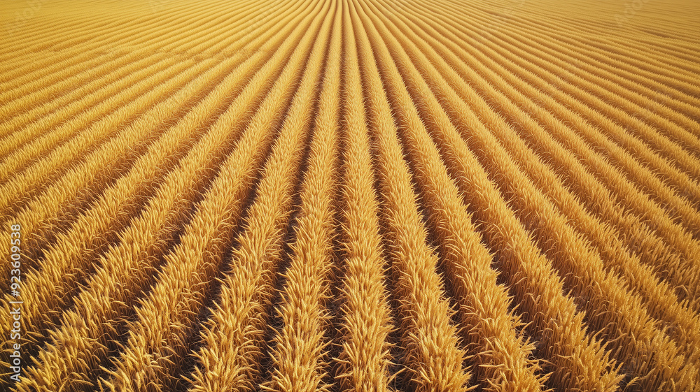 Aerial shot of golden wheat fields at harvest time with perfectly aligned rows creating a sense of order and abundance