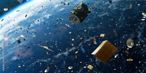 Space debris is the orbital minefield of technology, endangering satellites and space exploration: Picture space debris as a field of debris orbiting Earth, symbolizing the risks posed by human-made