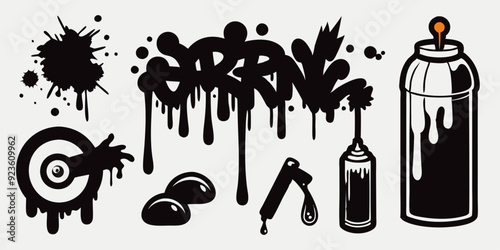 Spray graffiti element set, vector can splatter brush drip freehand kit, urban street black grunge. Cool hand writing stain splash, dirty messy airy ink stroke and circles. Spray graffiti dark splash