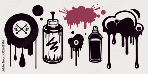 Spray graffiti element set, vector can splatter brush drip freehand kit, urban street black grunge. Cool hand writing stain splash, dirty messy airy ink stroke and circles. Spray graffiti dark splash