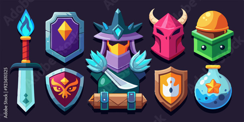 Game fantasy icon set, vector magic dungeon dragon RPG sign, medieval warrior avatar, fairytale sign. Knight battle sword, armour helmet, power weapon, witch hat, potion cauldron. Fantasy icon kit