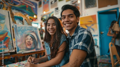 Wallpaper Mural Photograph of a young Hispanic artist couple smiling happily while drawing in an art studio. Torontodigital.ca