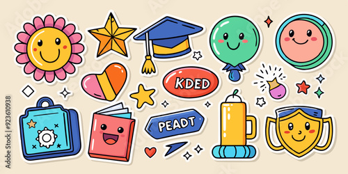 Kids doodle motivational sticker set, vector school child inspiration quote hand drawn baby scribble. Kindergarten class graduate badge, colorful crayon handwriting star medal. Kids doodle lettering