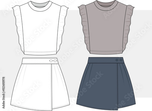 Crop Top and jean skirt for women fashion flat sketch template. Technical fashion illustration. Set of skirt Suit with t shirt technical fashion illustration, two pieces.