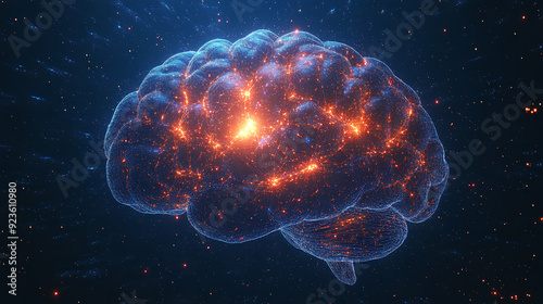 Abstract brain with glowing connections on blue background