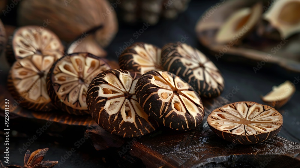 Intricate patterns of sliced betel nuts contrasted with smooth brown shells on a rustic dark wooden board Intricate patterns of sliced betel nuts contrasted with smooth brown shells on a rustic dark wooden board