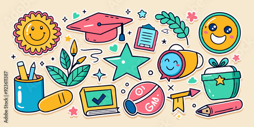 Kids doodle motivational sticker set, vector school child inspiration quote hand drawn baby scribble. Kindergarten class graduate badge, colorful crayon handwriting star medal. Kids doodle lettering