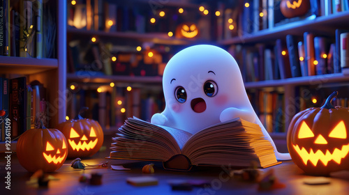 A cute ghost enjoying a book in a Halloween-decorated library. The setting includes pumpkins, decorations, and autumn-themed ambiance, creating a warm and festive atmosphere.