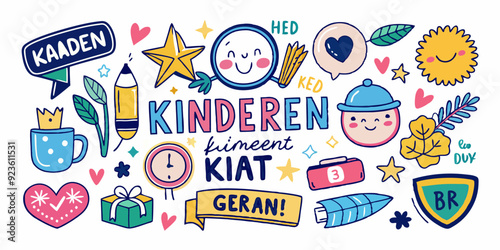 Kids doodle motivational sticker set, vector school child inspiration quote hand drawn baby scribble. Kindergarten class graduate badge, colorful crayon handwriting star medal. Kids doodle lettering