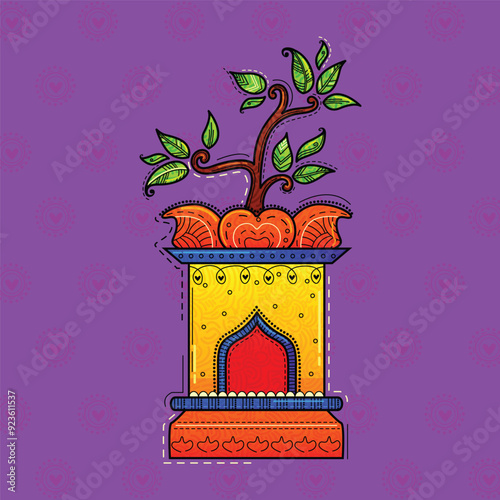 vector illustration of desi (indian) art style holy basil or tulasi vrindavan.